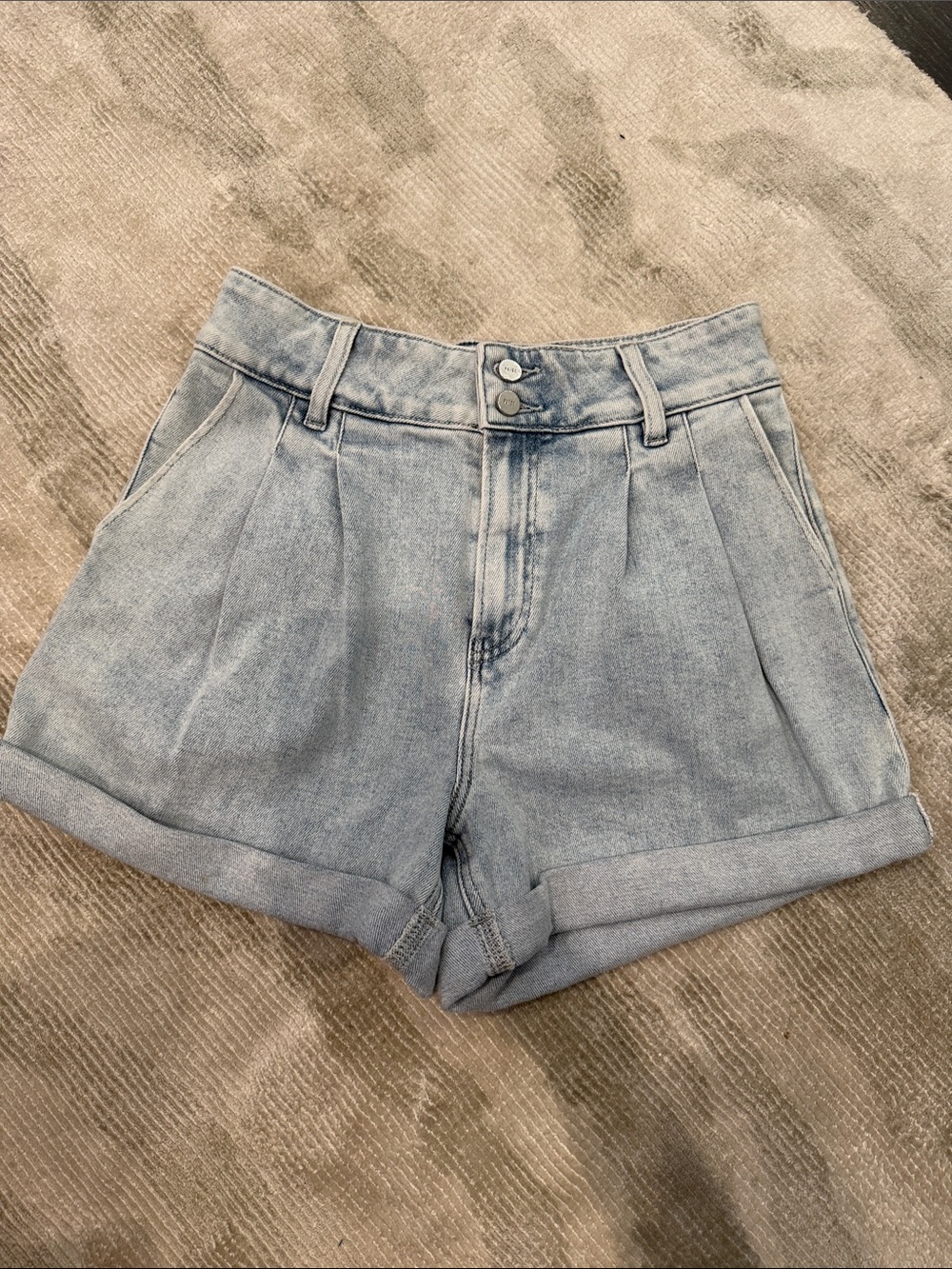 PAIGE Light Wash Pleated Denim Shorts